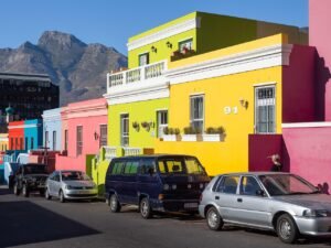 bo-kaap, wale street, car, house, building, city, bus, nature, road, architecture, transportation, truck, sky, traffic, town, car wallpapers, blue sky, transport, urban, home, travel, yellow, blue, van, parking, cape town, residential, tourism