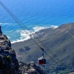aerial from table mountain, south africa, cape town, mountain, rock, sky, ocean, cable car, nature, blue table